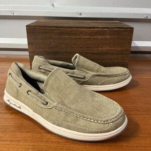 Margaritaville Men Cayman Khaki Olive Canvas Slip On Loafer Boat Shoe Size 13